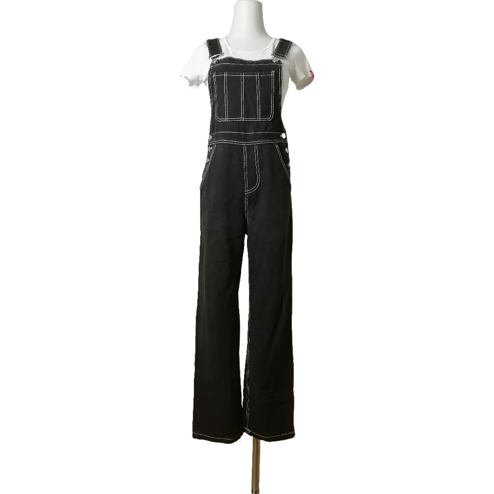 🖤 XS, black denim with white topstitched high waist straight leg overalls